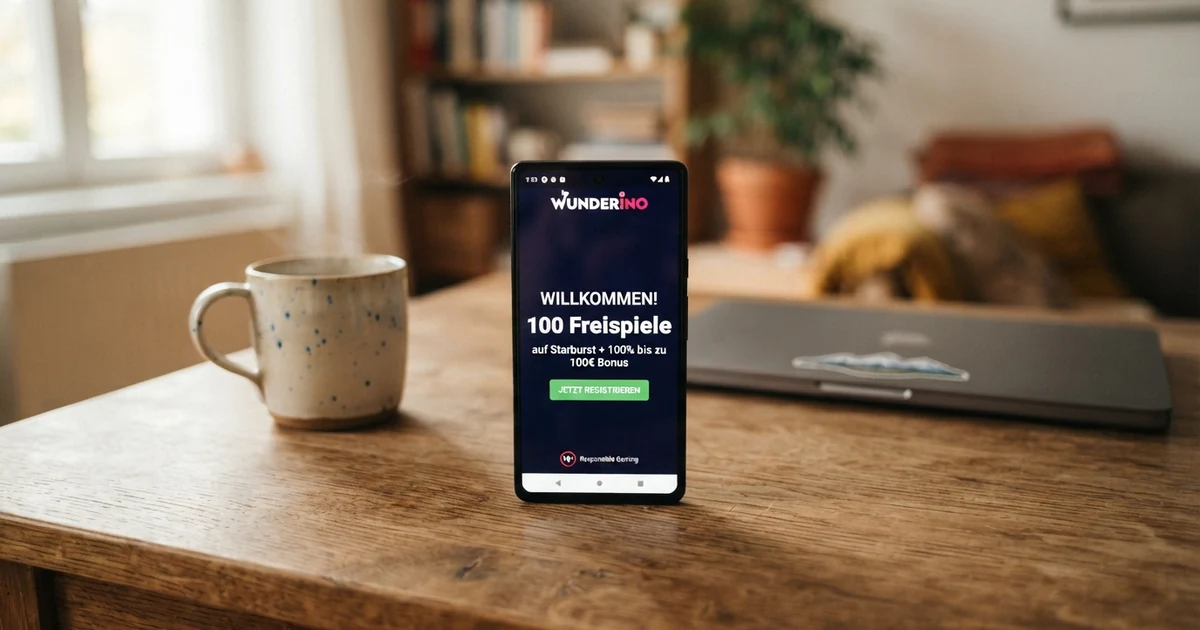 Eine Nahaufnahme eines Smartphone-Bildschirms, der das Willkommensangebot eines Online-Casinos mit der Zeile „100 Freispiele“ zeigt — daneben eine geöffnete Bonus-AGB mit hervorgehobenen Umsatzbedingungen