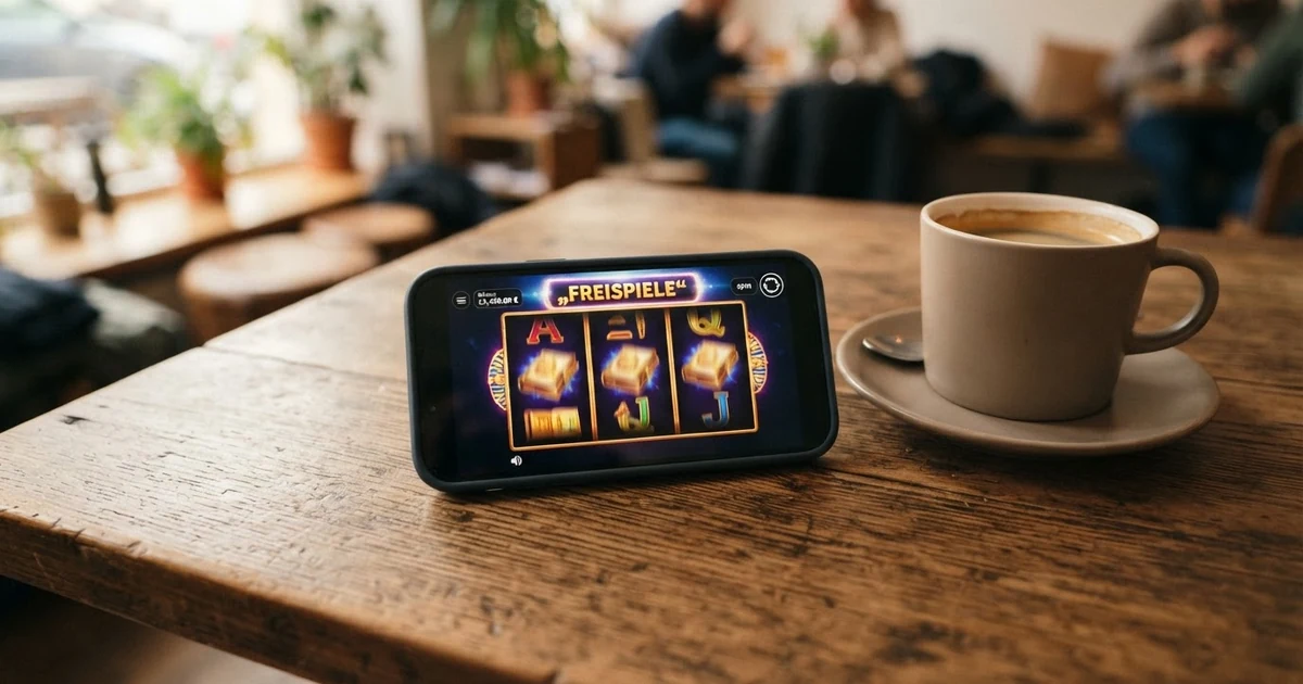 Eine Nahaufnahme eines Smartphones, auf dessen Bildschirm ein Spielautomat mit dem Schriftzug „Freispiele“ und drei Walzen mit Buchsymbolen zu sehen ist, daneben liegt eine Kaffeetasse