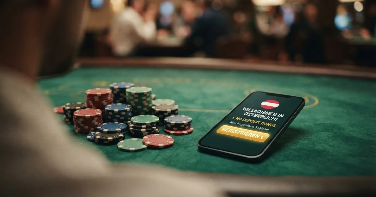 Zwanzig Casino-Chips mit der Aufschrift „Free Spins“ auf einem grünen Filztisch, daneben ein Smartphone mit einer geöffneten Casino-Registrierungsseite