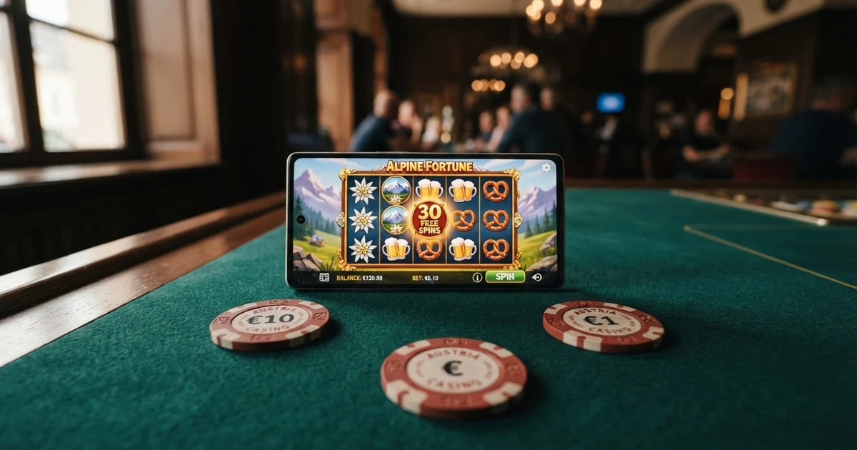 Dreißig Freispiel-Chips mit der Aufschrift „Free Spins“ auf einem grünen Casino-Tisch, daneben ein Smartphone mit Casino-App