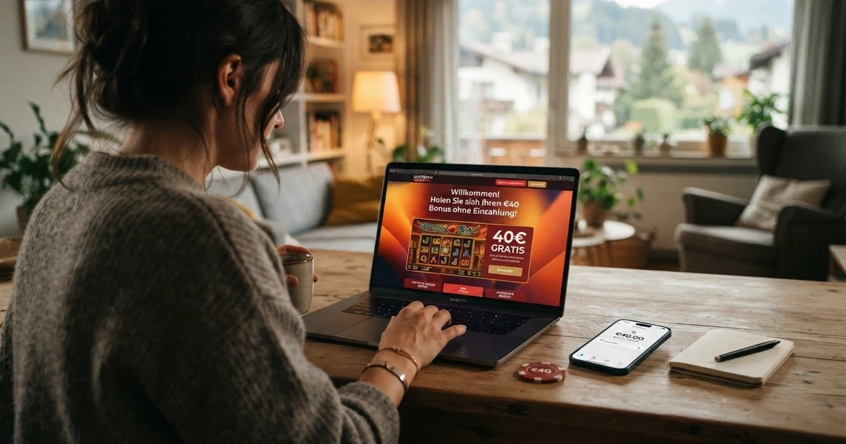 Ein Spieler betrachtet nachdenklich eine Casino-Willkommensseite auf dem Laptop, daneben ein Smartphone mit geöffneter Bonus-Übersicht