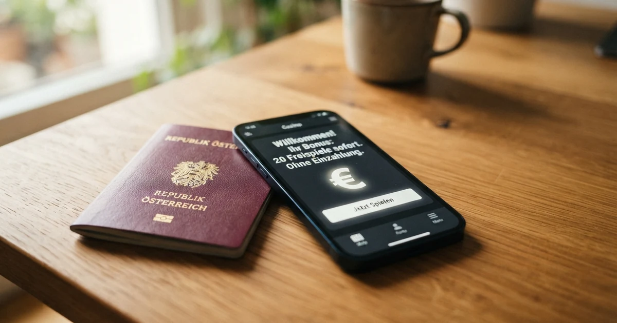 Smartphone mit geöffneter Casino-Registrierungsseite und eingeblendetem „50 Freispiele ohne Einzahlung“-Banner, daneben ein österreichischer Reisepass