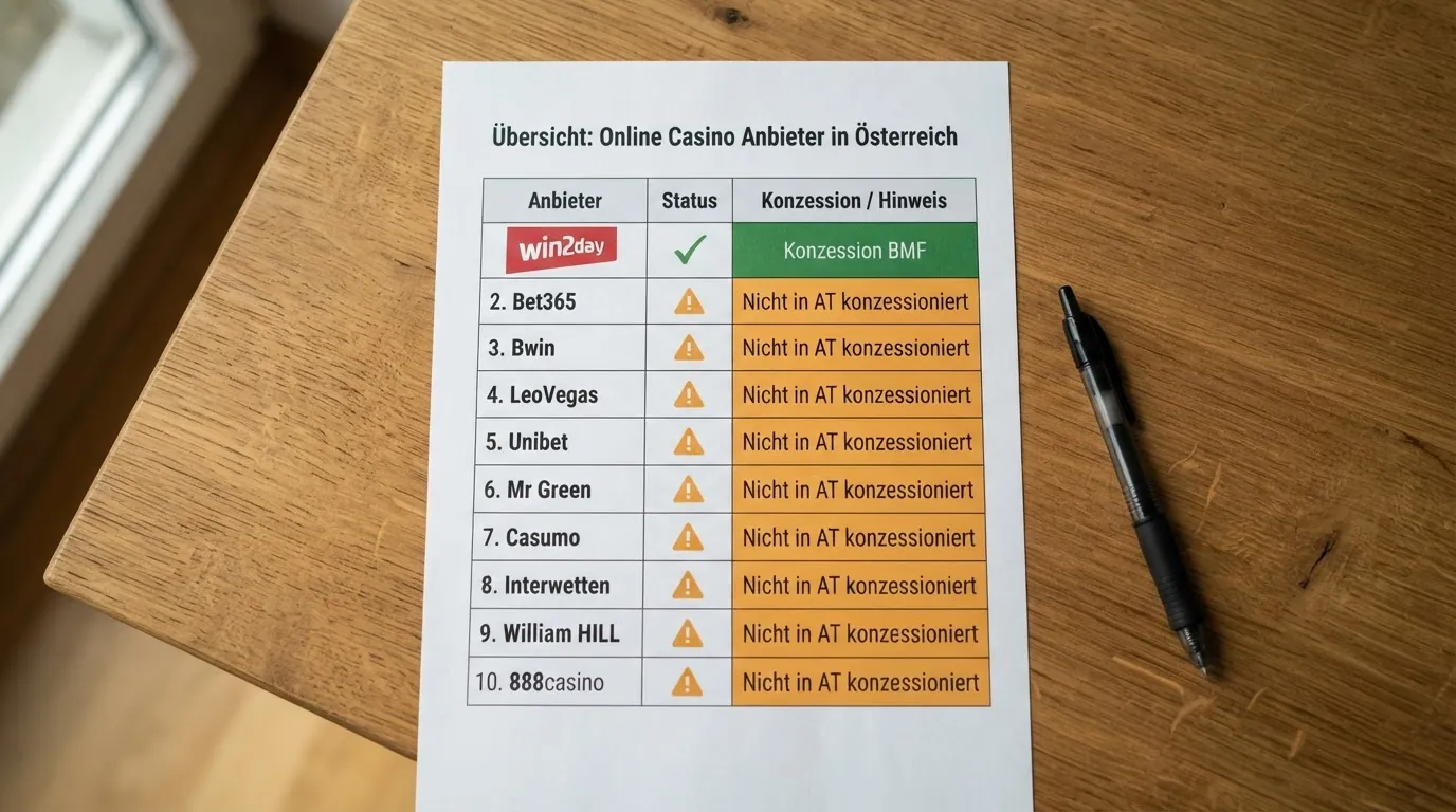 Eine Übersichtstabelle mit Casino-Logos: win2day mit grünem Haken und dem Schriftzug „Konzession BMF“, darunter neun weitere Anbieter-Logos mit orangefarbenem Warnsymbol „Nicht in AT konzessioniert“.