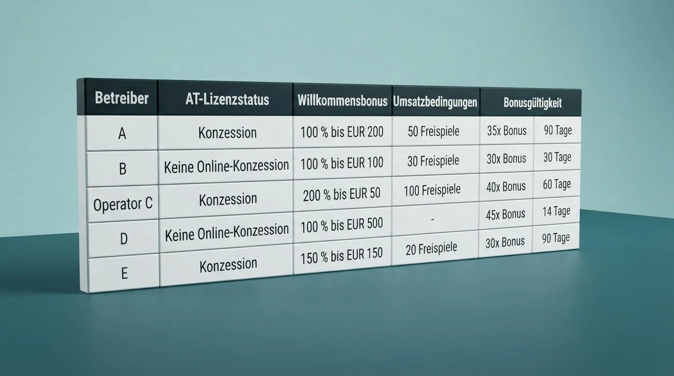 Vergleichstabelle mit den Bonus-Konditionen der zehn untersuchten Casino-Anbieter — Lizenzstatus, Willkommensbonus, Umsatzbedingungen und Gültigkeit