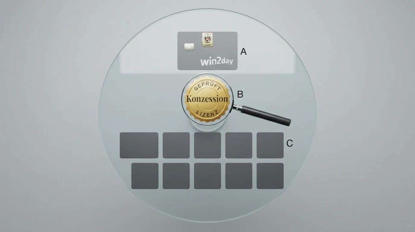 Eine Tabelle mit Casino-Logos, farblich getrennt nach lizenzierten und nicht-lizenzierten Anbietern, mit einer Lupe über dem Schriftzug „Konzession“