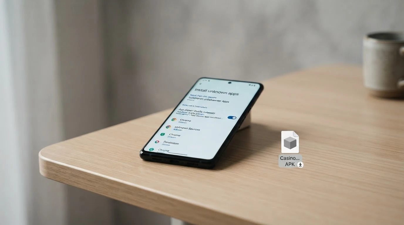 Ein Android-Smartphone mit geöffnetem Einstellungsmenü, der Schalter „Unbekannte Quellen“ oder „Installation aus unbekannten Quellen“ ist hervorgehoben, daneben das heruntergeladene APK-Symbol einer Casino-App