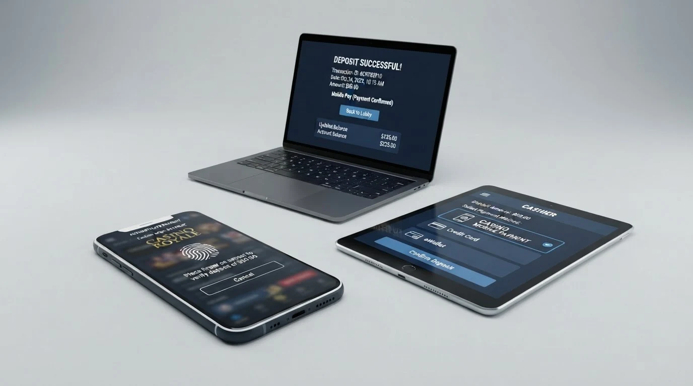Drei Schritte einer Apple Pay-Casino-Einzahlung als Illustration: Face ID-Authentifizierung auf dem iPhone, Casino-Kasse-Dialog mit Apple Pay-Symbol und bestätigte Einzahlung mit Spielguthaben.
