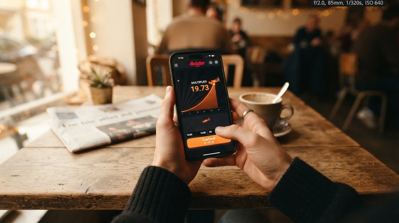 Aviator auf einem Smartphone-Display mit Touch-Cashout-Button und live Multiplikator-Anzeige