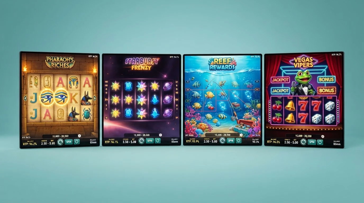 Vier Spielautomat-Icons in einer Reihe: Book of Dead, Starburst, Big Bass Bonanza und Elvis Frog in Vegas — jedes mit seinem RTP-Wert eingeblendet