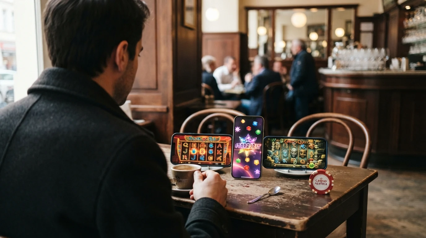 Drei Spielautomaten-Bildschirme mit Book of Ra Deluxe, Starburst und Book of Dead in einer Casino-Oberfläche