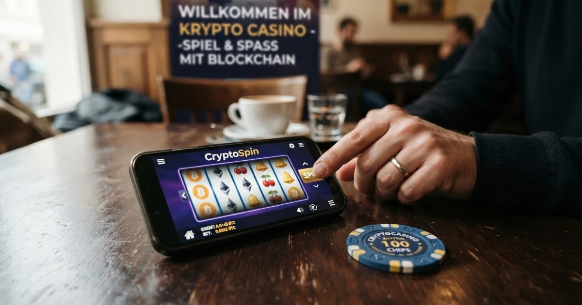 Wallet mit Kryptowährungen auf dem Bildschirm eines Smartphones, daneben ein Casino-Willkommensbonus-Banner in deutscher Sprache