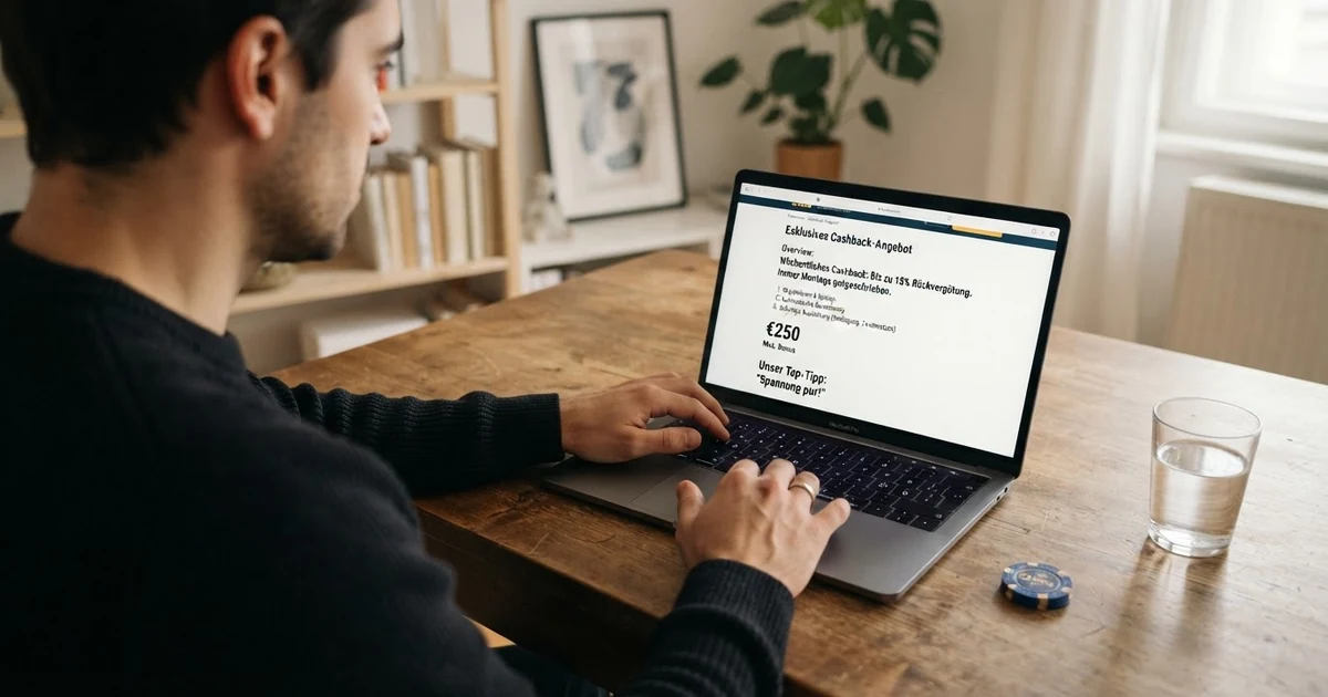 Ein Spieler am Laptop mit einer Übersicht von Online-Casino-Cashback-Angeboten auf dem Bildschirm