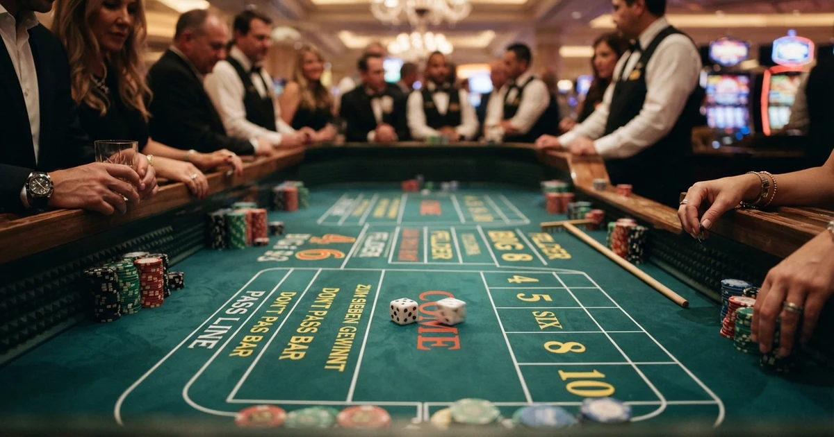 Craps-Tisch mit zwei Würfeln, Spielchips und Einsatzmarkierungen auf grünem Filz