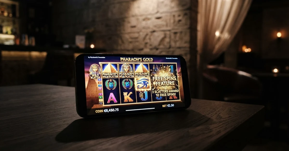 Spielbildschirm des Legacy of Dead Video-Slots mit den fünf Walzen, ägyptischen Symbolen, dem Scatter-Wild und der Freispiel-Funktion in einer Casino-Lobby-Umgebung