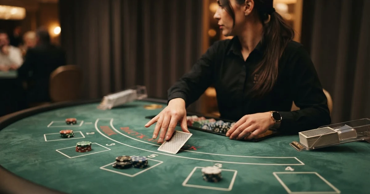 Live-Dealer am Blackjack-Tisch mit Karten und Wett-Chips im Studio-Licht