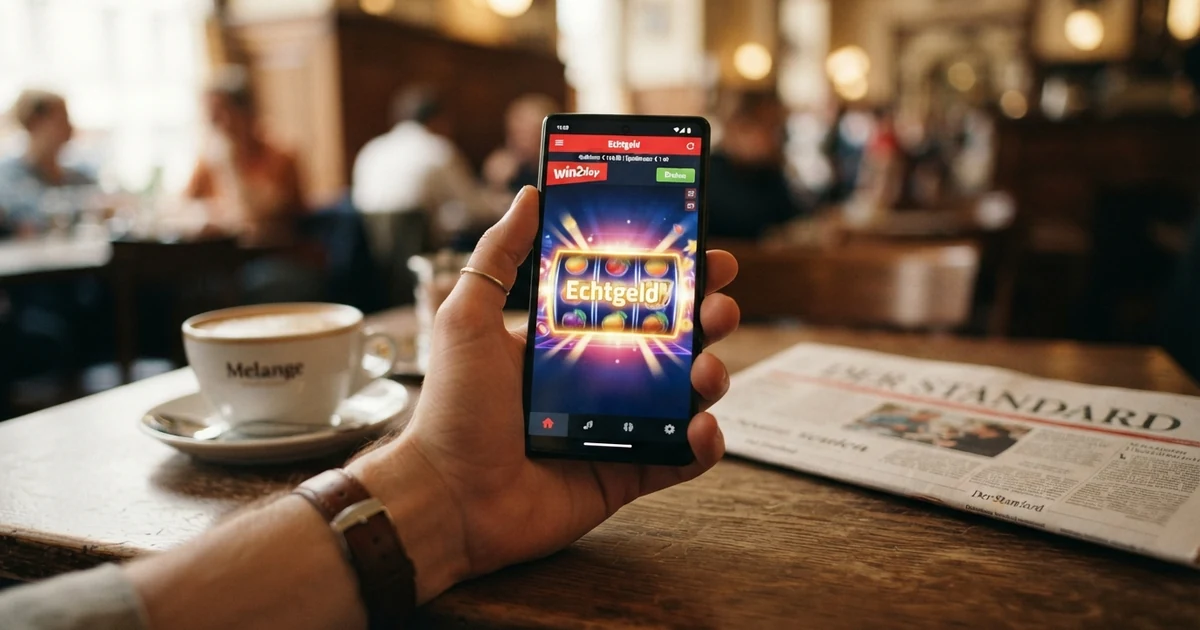 Ein Smartphone in einer Hand, auf dem Bildschirm eine geöffnete Casino-App mit Spielautomaten-Walzen und dem Schriftzug „Echtgeld“, im Hintergrund unscharf ein österreichischer Kaffeehaustisch mit einer Melange