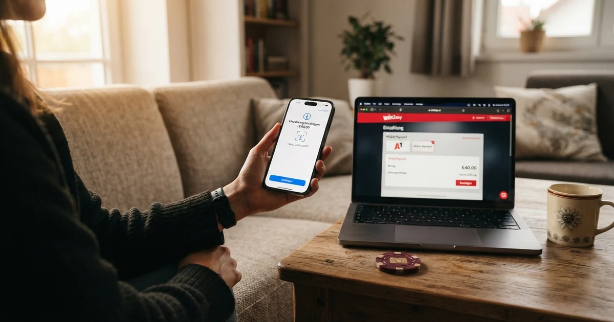 Ein iPhone zeigt den Apple Pay-Bestätigungsbildschirm mit Face ID-Scan neben einem geöffneten Laptop mit Online-Casino-Kassenbereich.