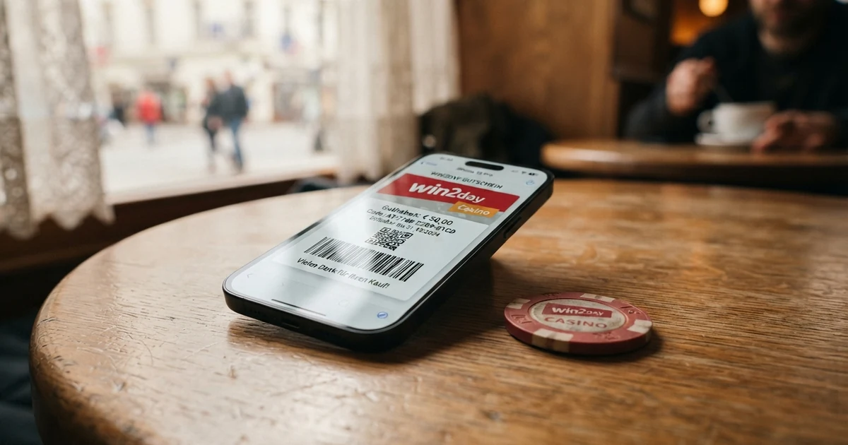 Nahaufnahme eines Smartphones mit geöffnetem CashToCode-Barcode neben einem 20-Euro-Schein auf einem Cafétisch