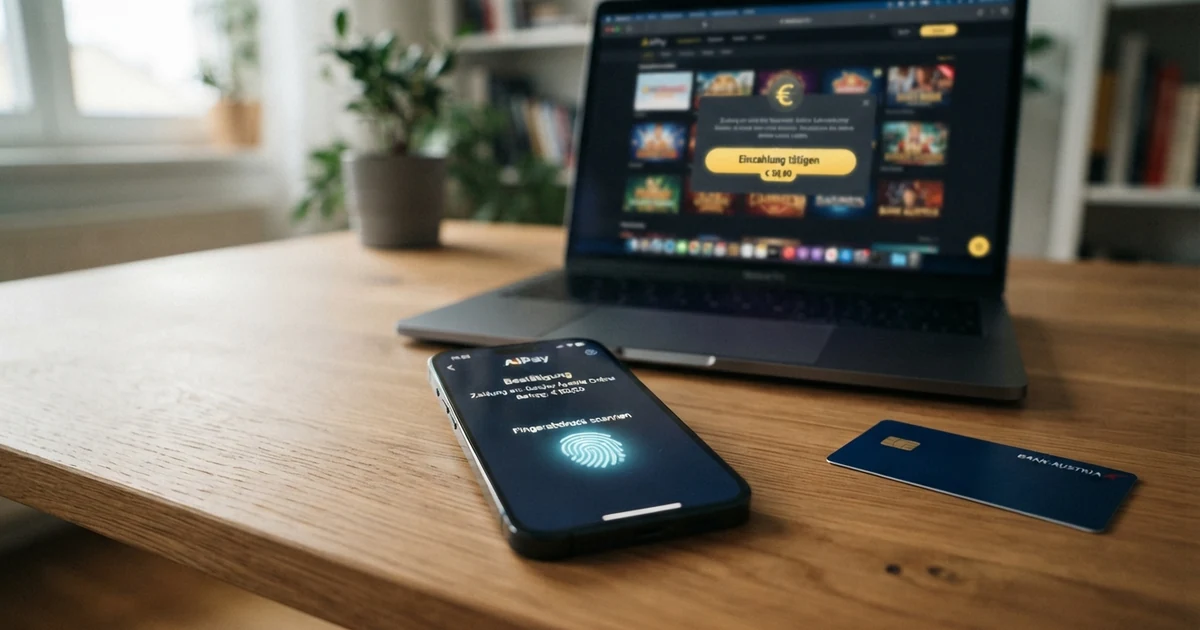 Smartphone mit geöffneter Google-Pay-App und Casino-Startseite im Hintergrund, Nahaufnahme der biometrischen Fingerabdruck-Bestätigung auf dem Display