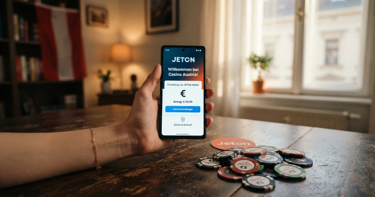 Jeton-Wallet-Logo und Casino-Chips auf einem Smartphone-Bildschirm, im Hintergrund die österreichische Flagge