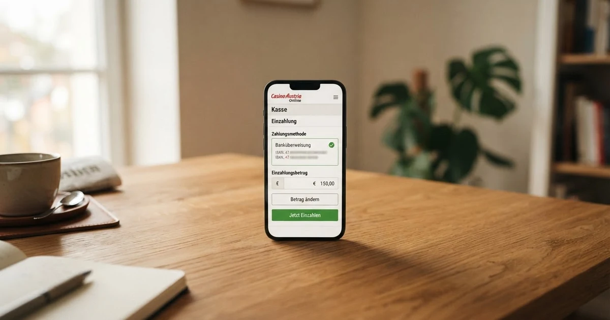 Eine Nahaufnahme eines Smartphone-Bildschirms mit der geöffneten Kasse eines Online-Casinos, in der die Zahlungsoption „Klarna SOFORT Überweisung“ ausgewählt und der Einzahlungsbetrag eingegeben ist.