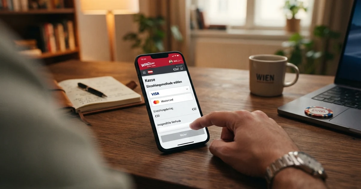 Ein Laptop zeigt die Kasse eines Online-Casinos mit den Zahlungsoptionen Visa, Mastercard, EPS und Paysafecard im Dropdown-Menü