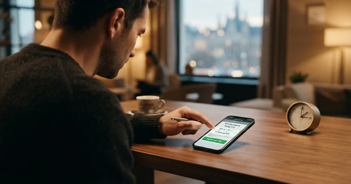 Ein Spieler tippt auf einem Smartphone, auf dem Bildschirm ist das Trustly-Logo und der Button „Deposit and Play“ zu sehen — eine Uhr daneben zeigt 30 Sekunden.