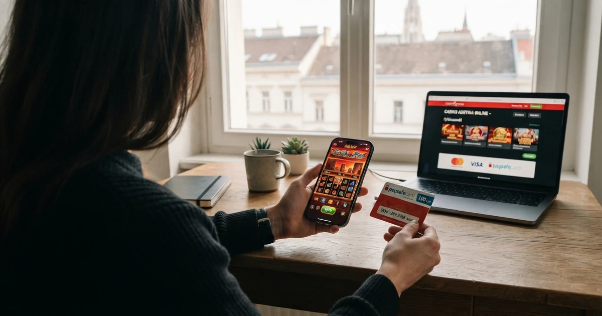 Eine geöffnete Paysafecard-Prepaid-Karte neben einem Smartphone mit geöffneter Casino-App, im Hintergrund ein Laptop