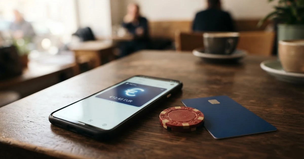 Skrill-Logo auf einem Smartphone-Bildschirm neben Casino-Chips und einer Kreditkarte