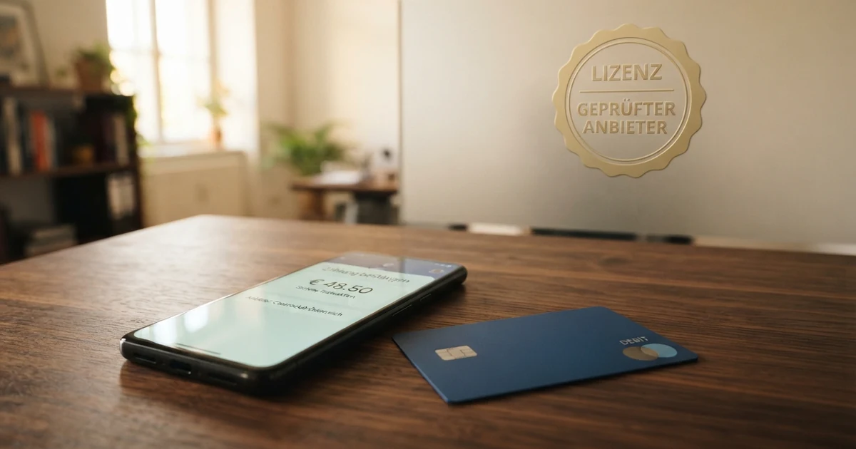 Eine Visa-Kreditkarte liegt auf einem Smartphone-Bildschirm, daneben das Logo des österreichischen Glücksspiel-Monopols und Spielkarten-Symbole