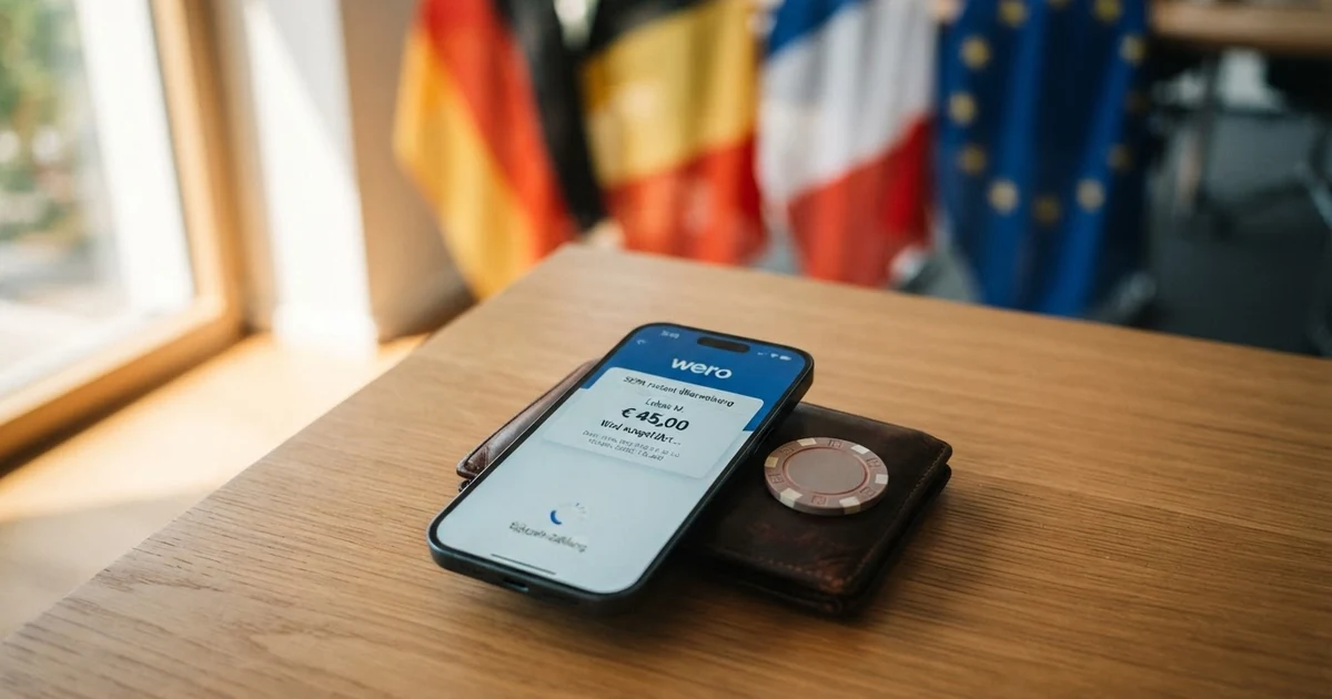 Smartphone mit geöffneter Wero-App und SEPA-Echtzeit-Überweisungs-Bildschirm, daneben die EU-Flagge und die Flaggen Deutschlands, Belgiens und Frankreichs