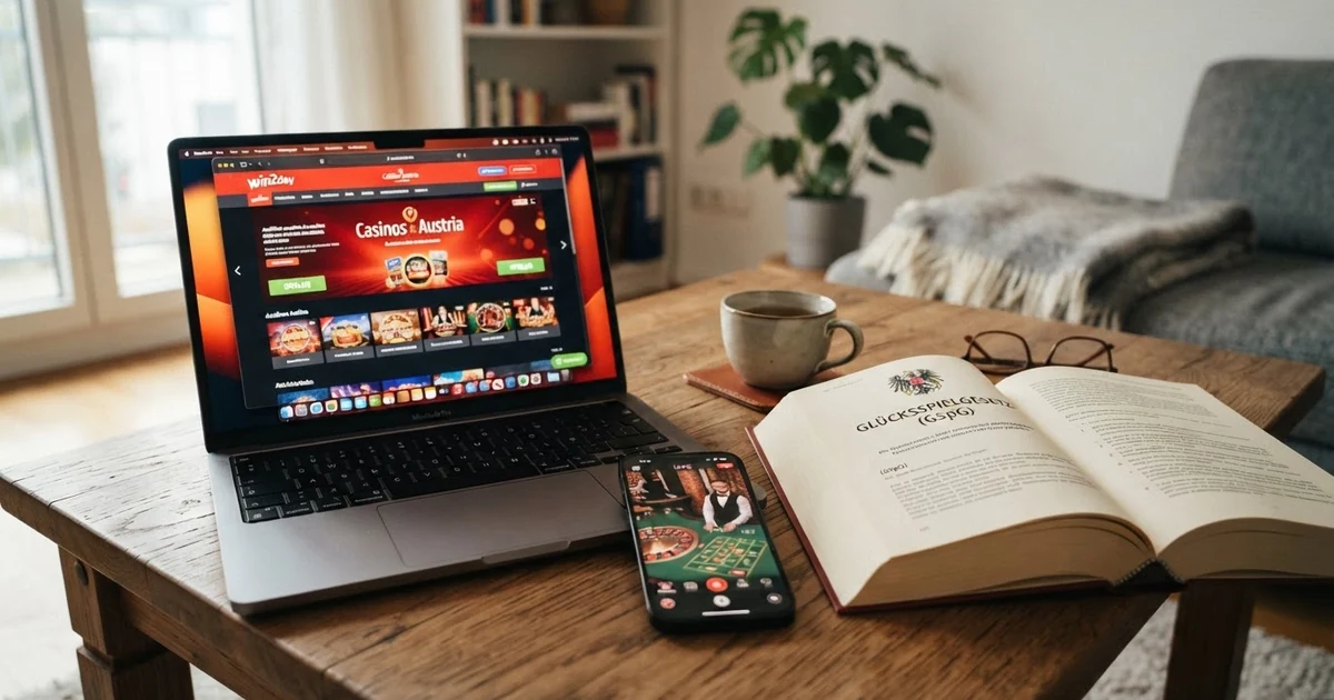Ein Laptop zeigt eine Casino-Startseite, daneben ein Smartphone mit geöffneter Casino-App; im Hintergrund ein aufgeschlagener Gesetzestext mit dem Bundesadler