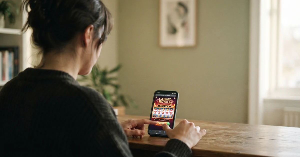 Ein Spieler am Smartphone, der ein Online-Casino aufruft, mit dem Bildschirm-Inhalt unscharf im Hintergrund