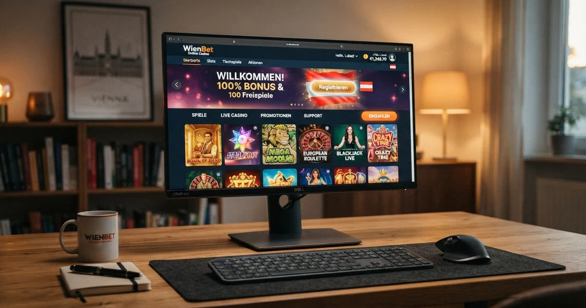 Eine Übersicht der Startseite eines österreichischen Online-Casinos mit Spielauswahl, Willkommensbonus und Einzahlungsbutton auf einem Desktop-Bildschirm