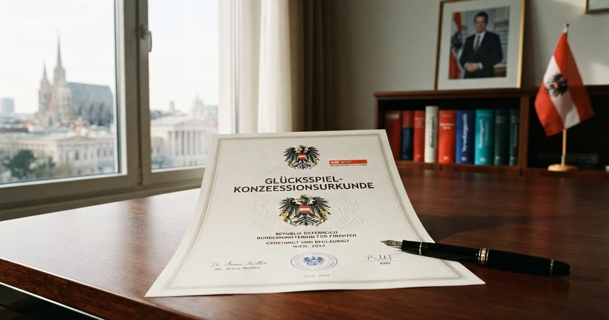 Offizielle Glücksspiel-Konzessionsurkunde mit österreichischem Bundesadler und BMF-Siegel auf einem Schreibtisch