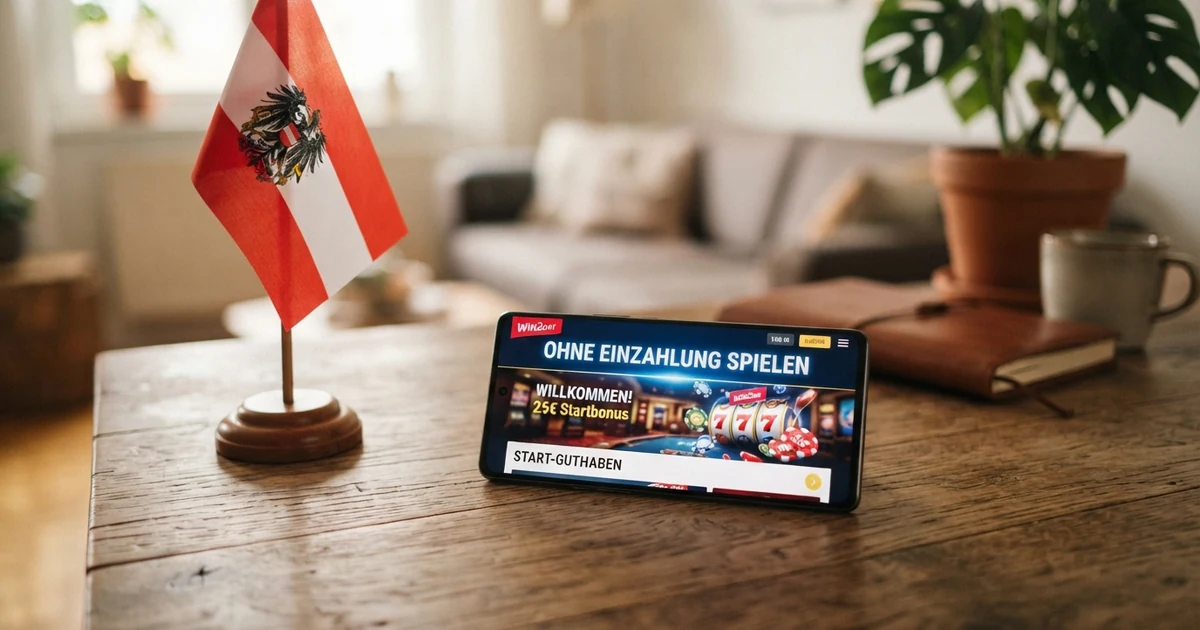 Ein geöffnetes Smartphone mit einer Casino-App, daneben eine österreichische Flagge und ein leuchtendes „Ohne Einzahlung“-Banner auf dem Bildschirm