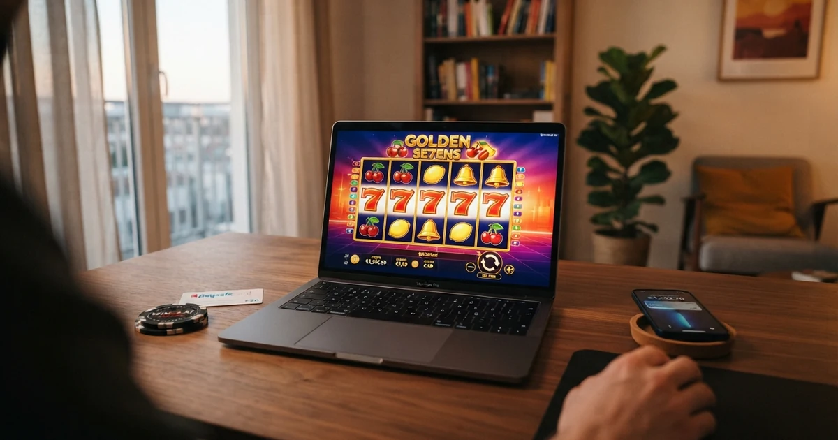 Online Spielothek Startbildschirm auf einem Laptop mit einer Übersicht verschiedener Spielautomaten-Kacheln