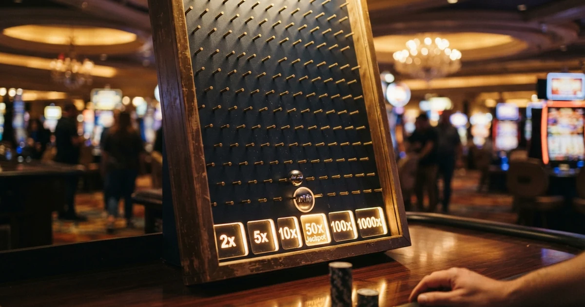 Ein senkrechtes Plinko-Spielbrett mit Stiftreihen, einer fallenden Kugel und farblich markierten Multiplikator-Feldern am unteren Rand — dargestellt in der typischen Casino-Spielansicht