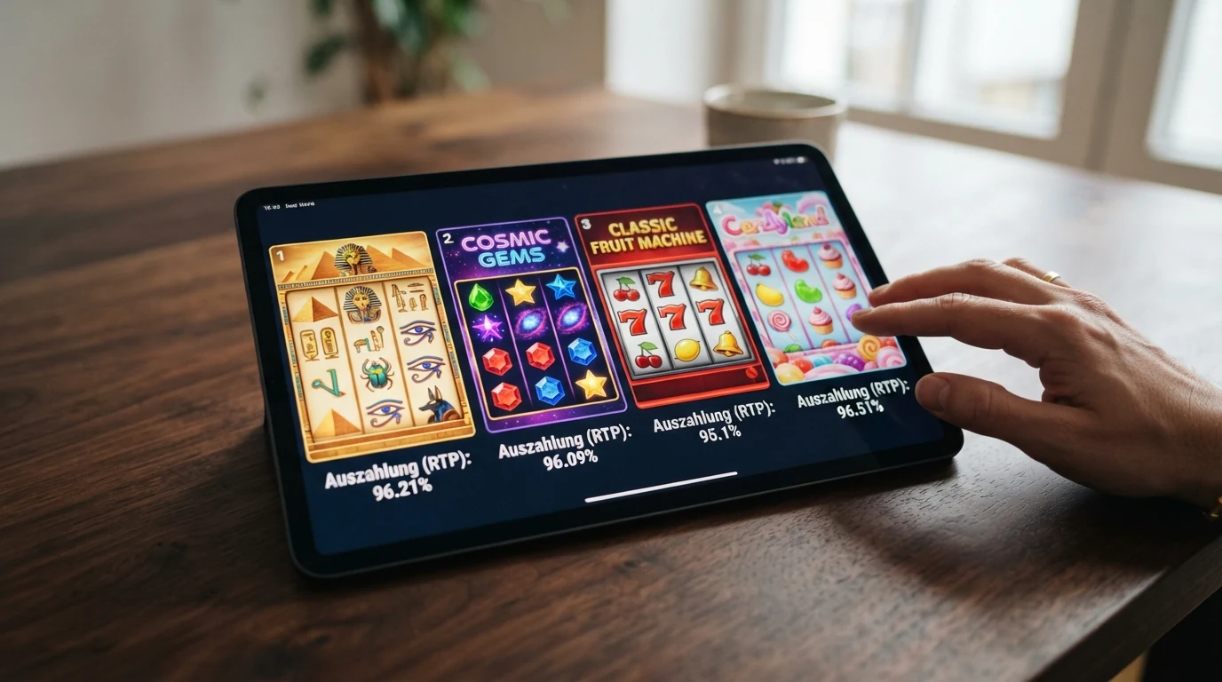 Vier Spielautomaten — Book of Dead, Starburst, Book of Ra Deluxe und Sweet Bonanza — auf einem Tablet-Bildschirm mit eingeblendeten RTP-Prozentwerten