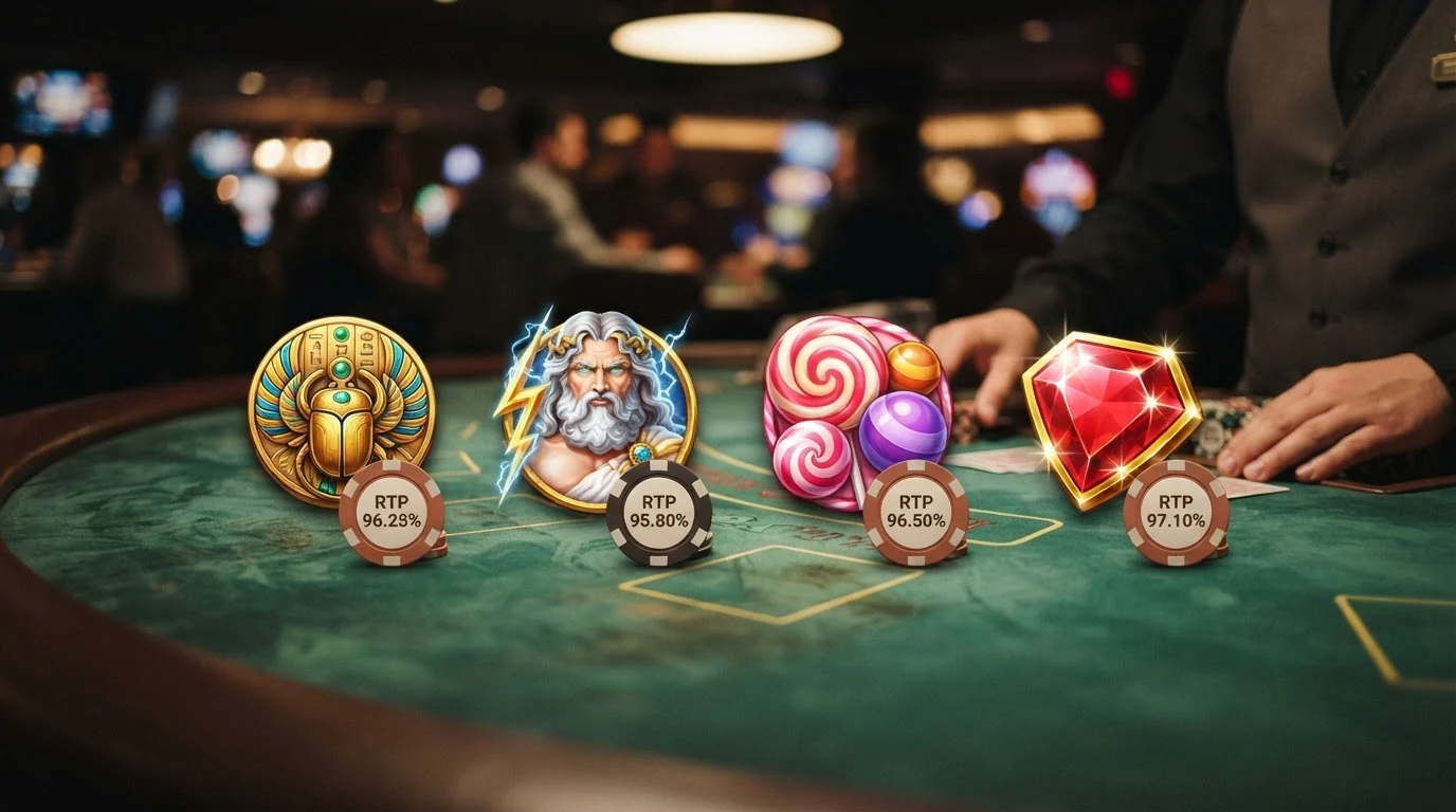 Vier Slot-Kacheln (Book of Ra Deluxe, Gates of Olympus, Sweet Bonanza, Starburst) mit RTP-Prozentwert und Volatilitäts-Balken darunter