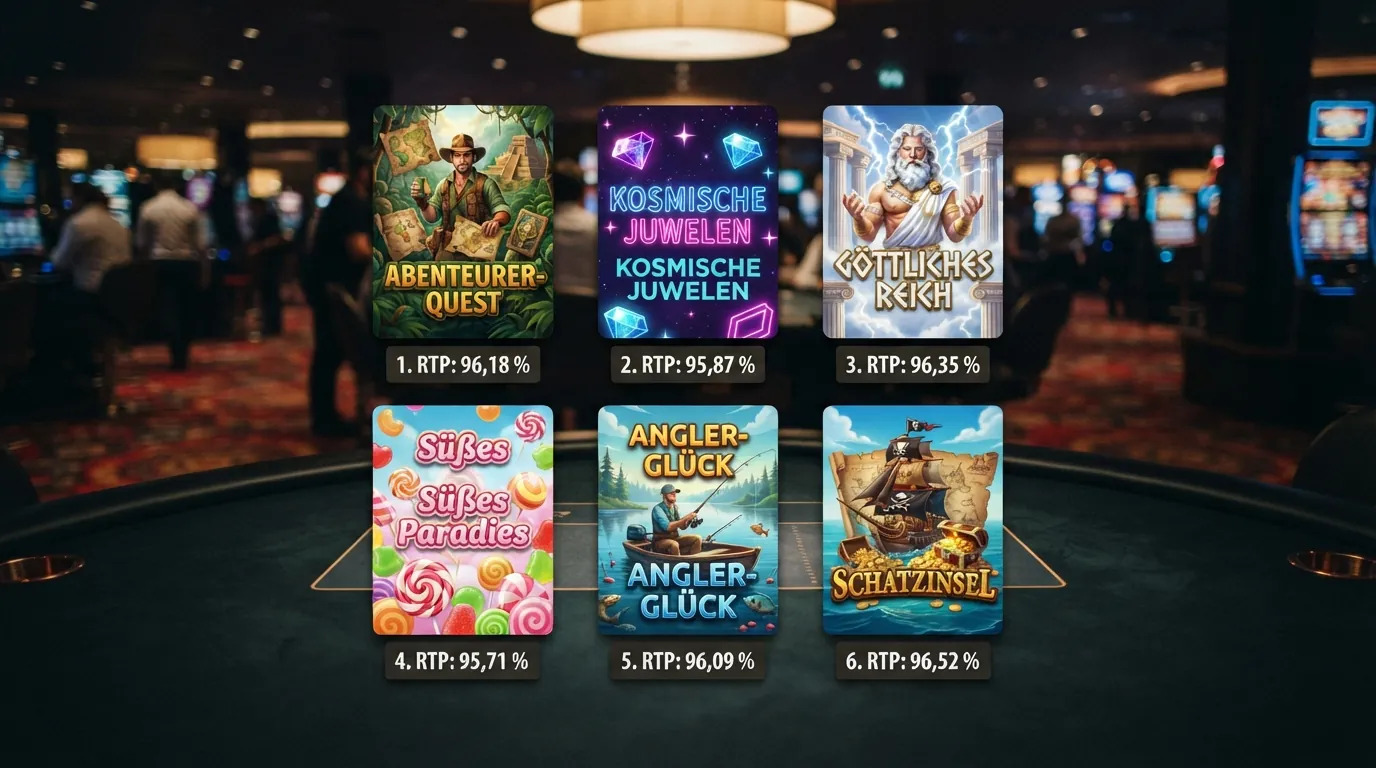 Sechs Slot-Cover (Book of Dead, Starburst, Gates of Olympus, Sweet Bonanza, Big Bass Bonanza, Gonzo's Quest) in einem Raster, jedes mit einer Prozentzahl darunter