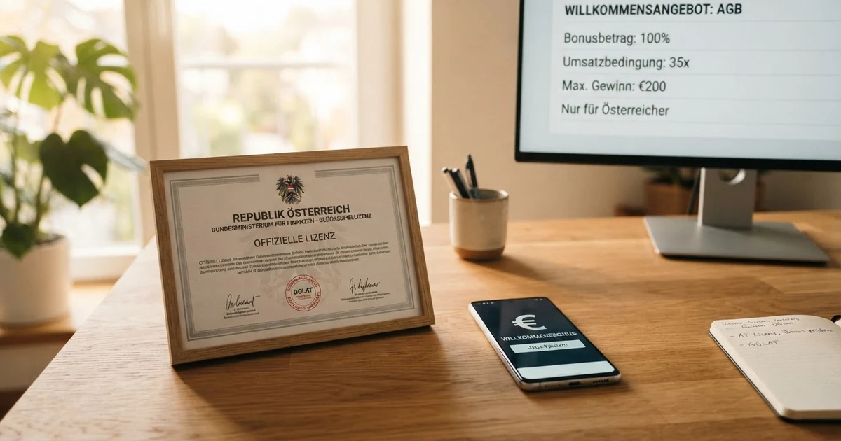Bildschirm mit einer Vergleichstabelle von Casino-Willkommensboni, im Vordergrund eine gerahmte AT-Lizenzurkunde und ein Smartphone mit geöffneter Casino-App