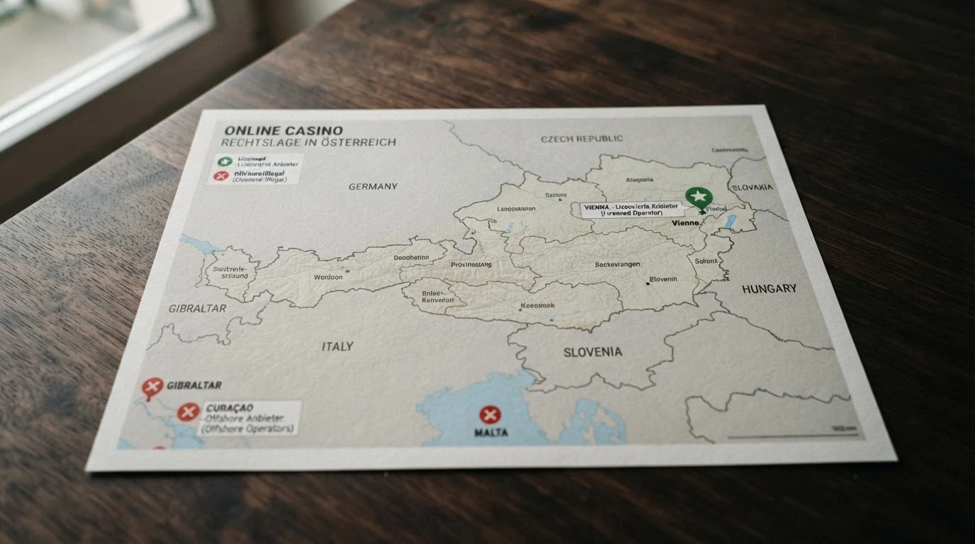 Eine Österreich-Karte mit Markierungen: ein grüner Punkt für den konzessionierten Anbieter in Wien, rote Punkte für Offshore-Lizenzen in Malta, Gibraltar und Curaçao