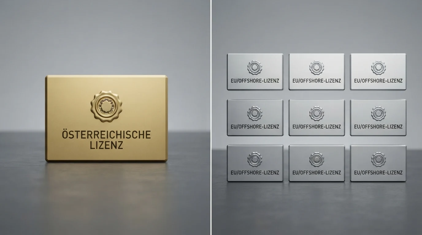 Zehn Casino-Logos oder Marken-Schriftzüge in zwei Gruppen geteilt: ein einzelnes Logo unter der Überschrift „Österreichische Konzession“ und neun unter „EU/Offshore-Lizenz“