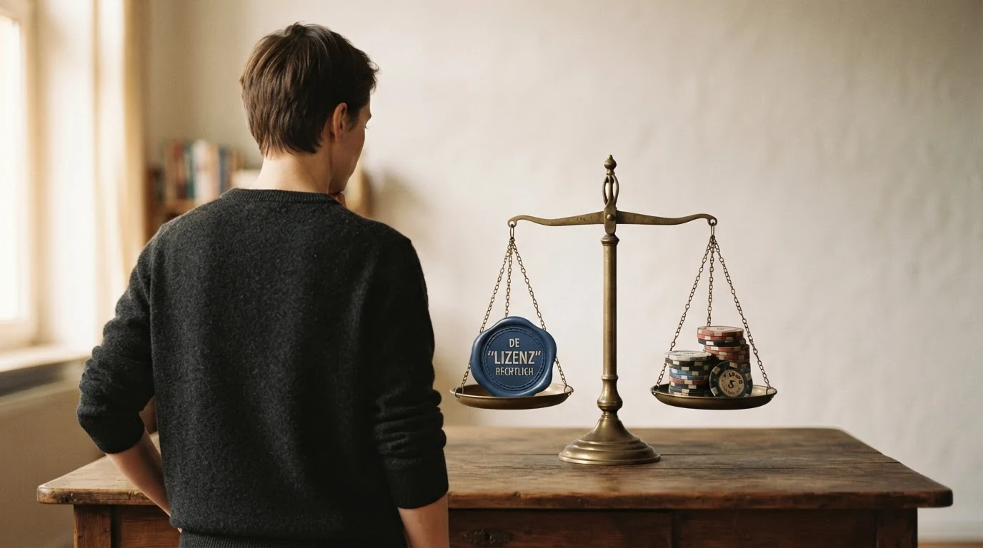 Ein Spieler, der nachdenklich auf eine Waage blickt, die ein legales Casino-Symbol und einen niedrigen Einzahlungsbetrag gegenüberstellt