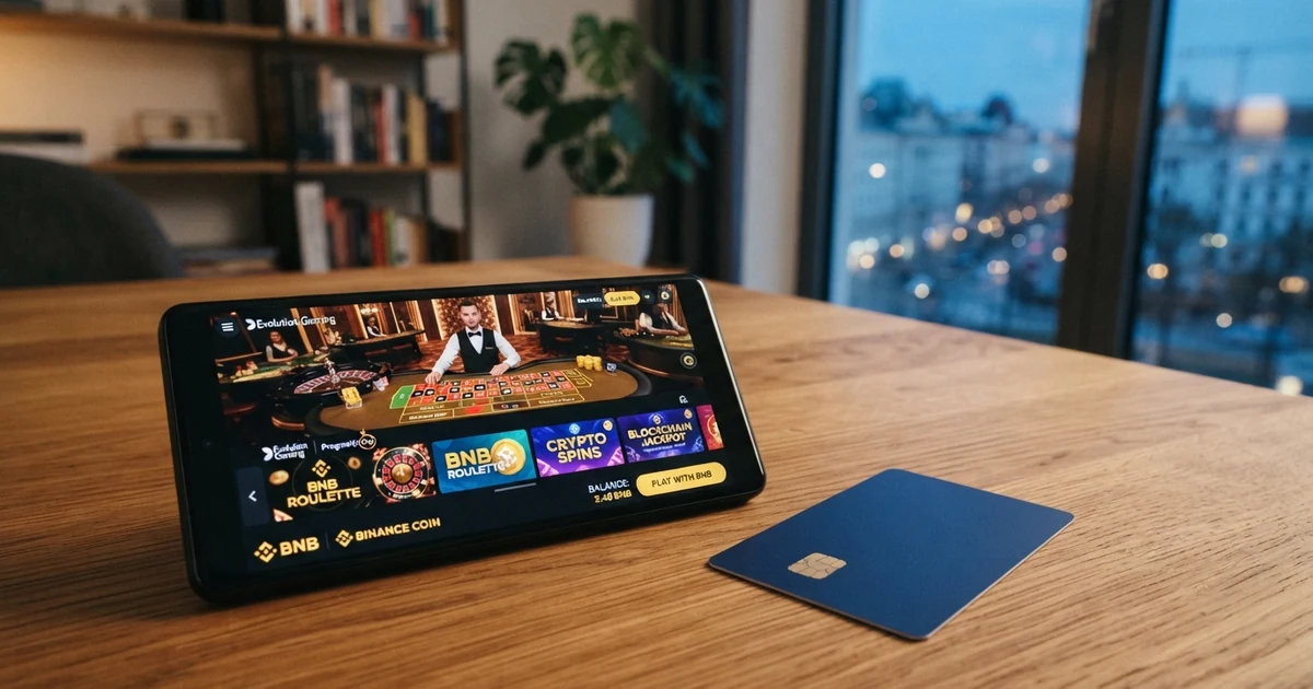 Eine digitale Geldbörse mit Binance-Coin-Token auf einem Smartphone-Bildschirm, daneben eine Casino-Lobby mit Spielkacheln und Live-Dealer-Vorschau