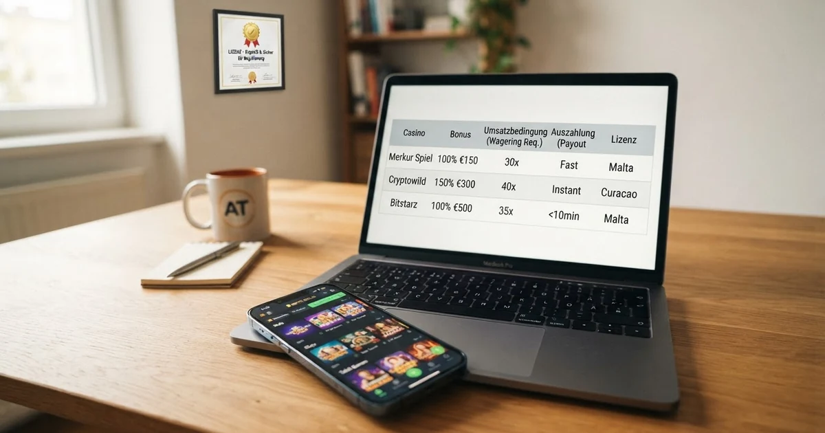 Ein Smartphone mit geöffneter Bitcoin-Cash-Casino-Startseite neben einem Laptop mit Vergleichstabelle
