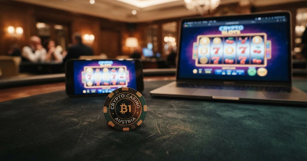 Eine Bitcoin-Münze vor einer Casino-Tischoberfläche mit Smartphone und Laptop im Hintergrund