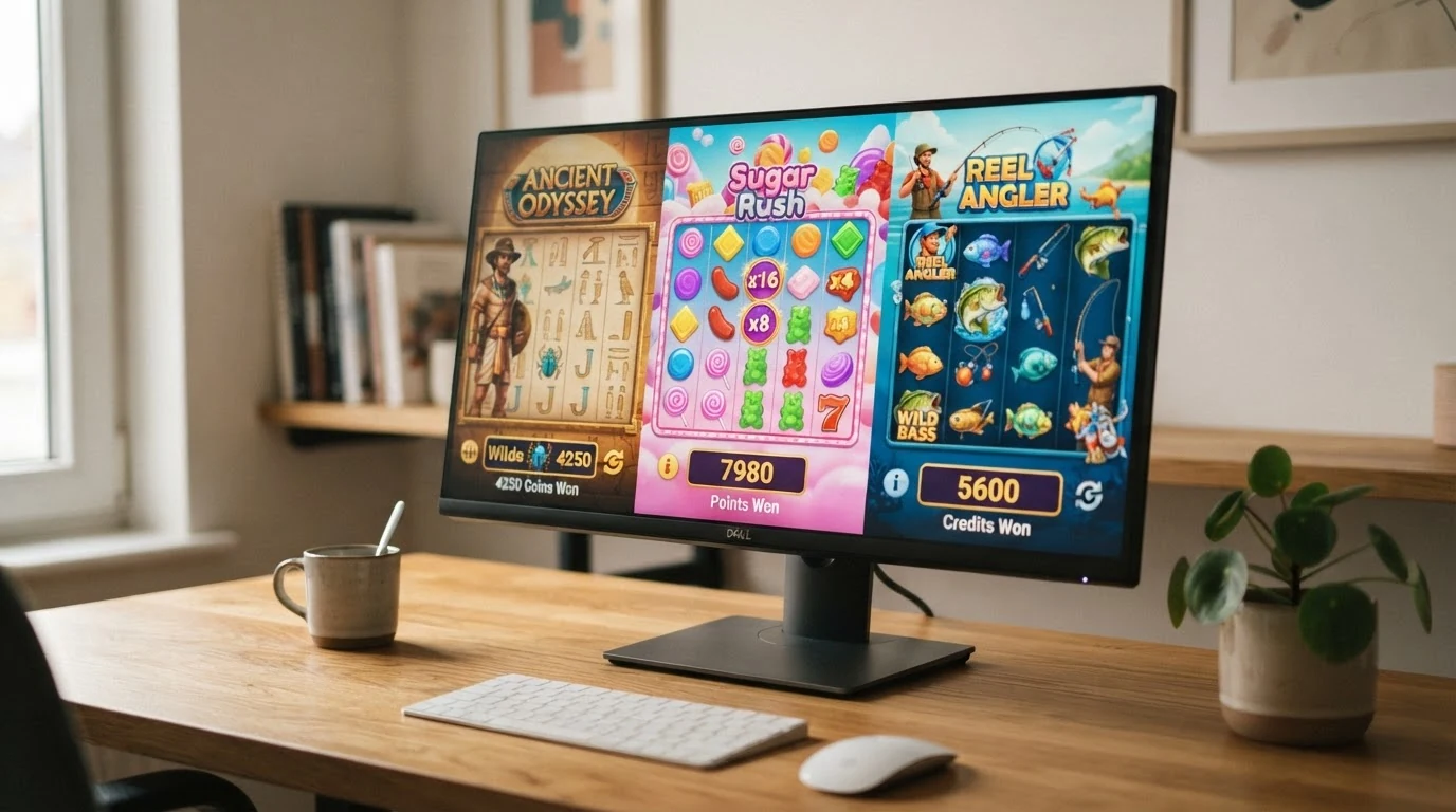 Drei Slot-Spielfenster mit Book of Dead, Sweet Bonanza und Big Bass Bonanza nebeneinander auf einem Bildschirm