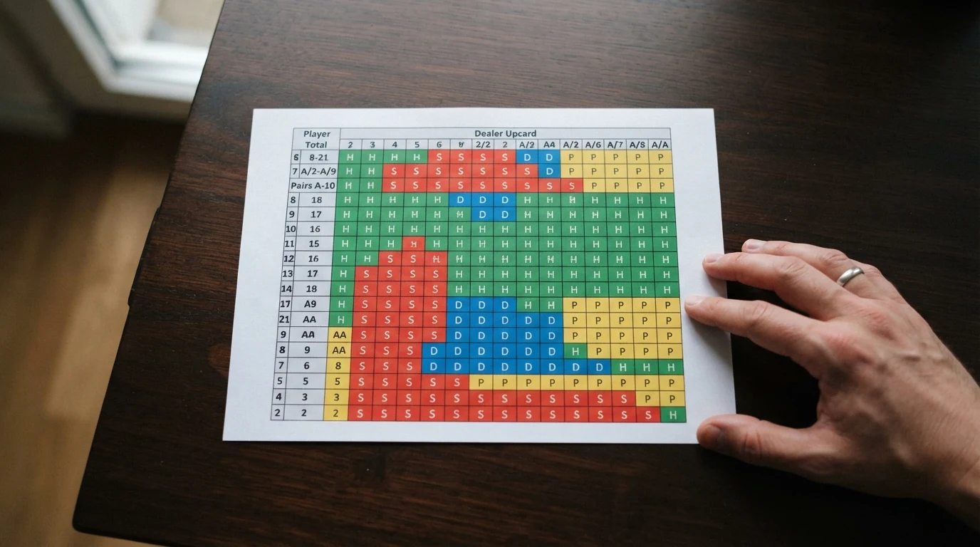 Farbcodierte Basic-Strategy-Tabelle mit Entscheidungen für jede Hand-Kombination